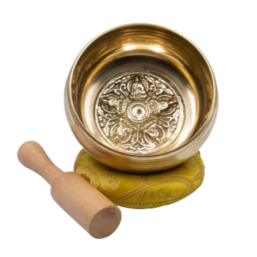Authentic Himalayan Golden Five Buddha Singing Bowl Single Set Handcrafted in Nepal (458 grams)  Includes Traditional Wooden Striker and Silk Cushion Included – Ideal for Healing, Mindfulness, Meditation, and Yoga