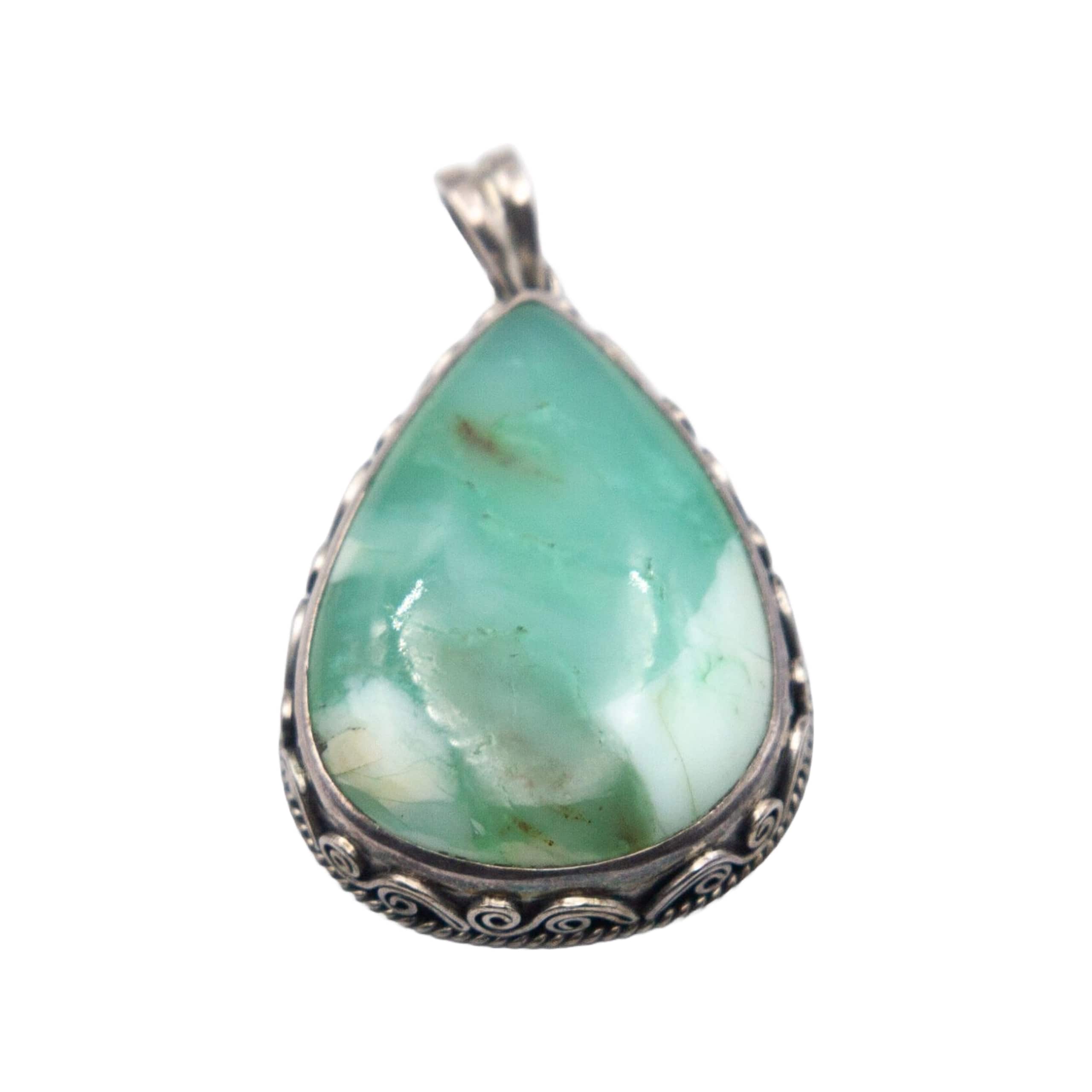 925 Sterling Silver Vintage Real Chrysoprase Quartz Crystal Pendant – Handcrafted from Nepal (17.1 grams)