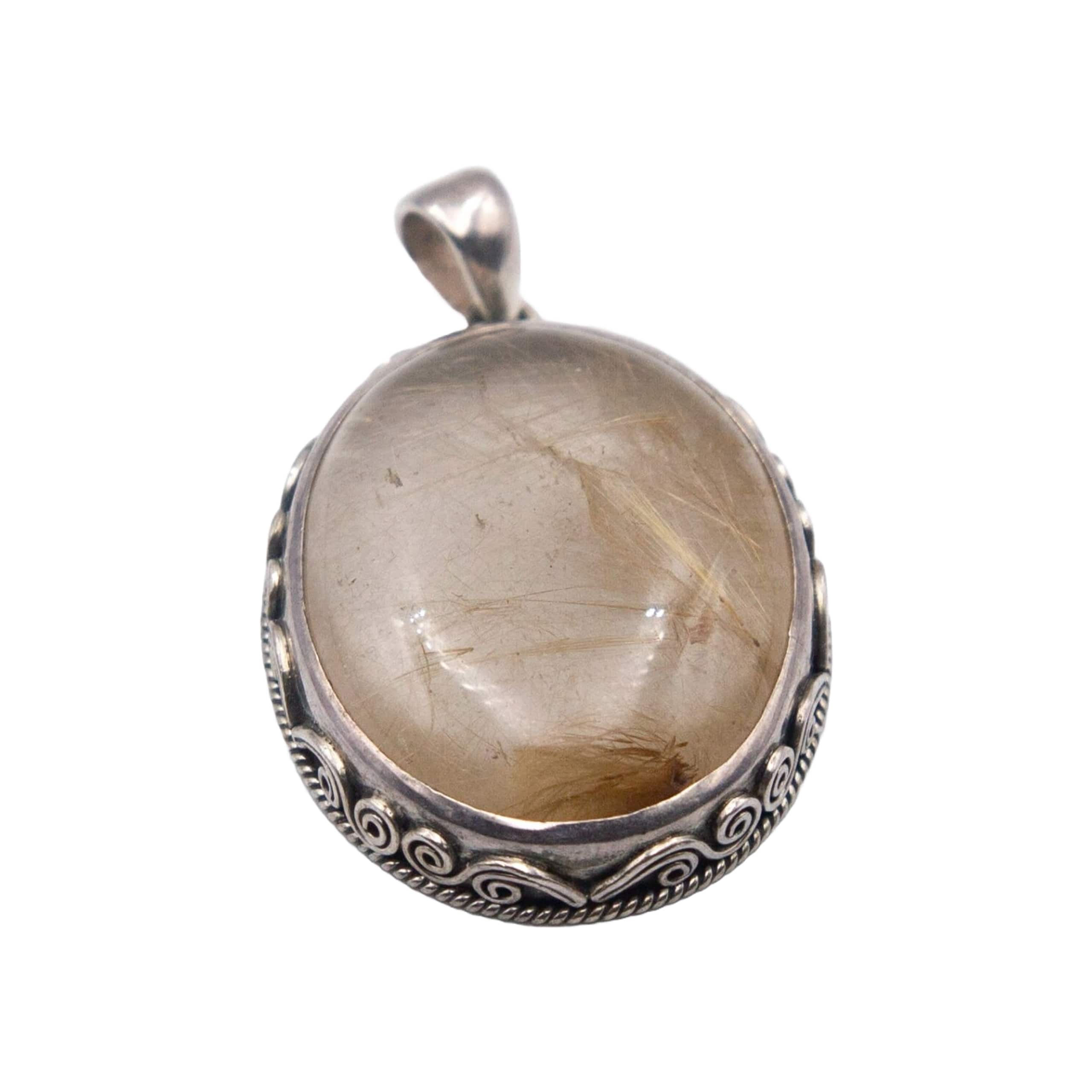 925 Sterling Silver Vintage Real Rutilated Quartz Crystal Pendant – Handcrafted in Nepal (17 grams)