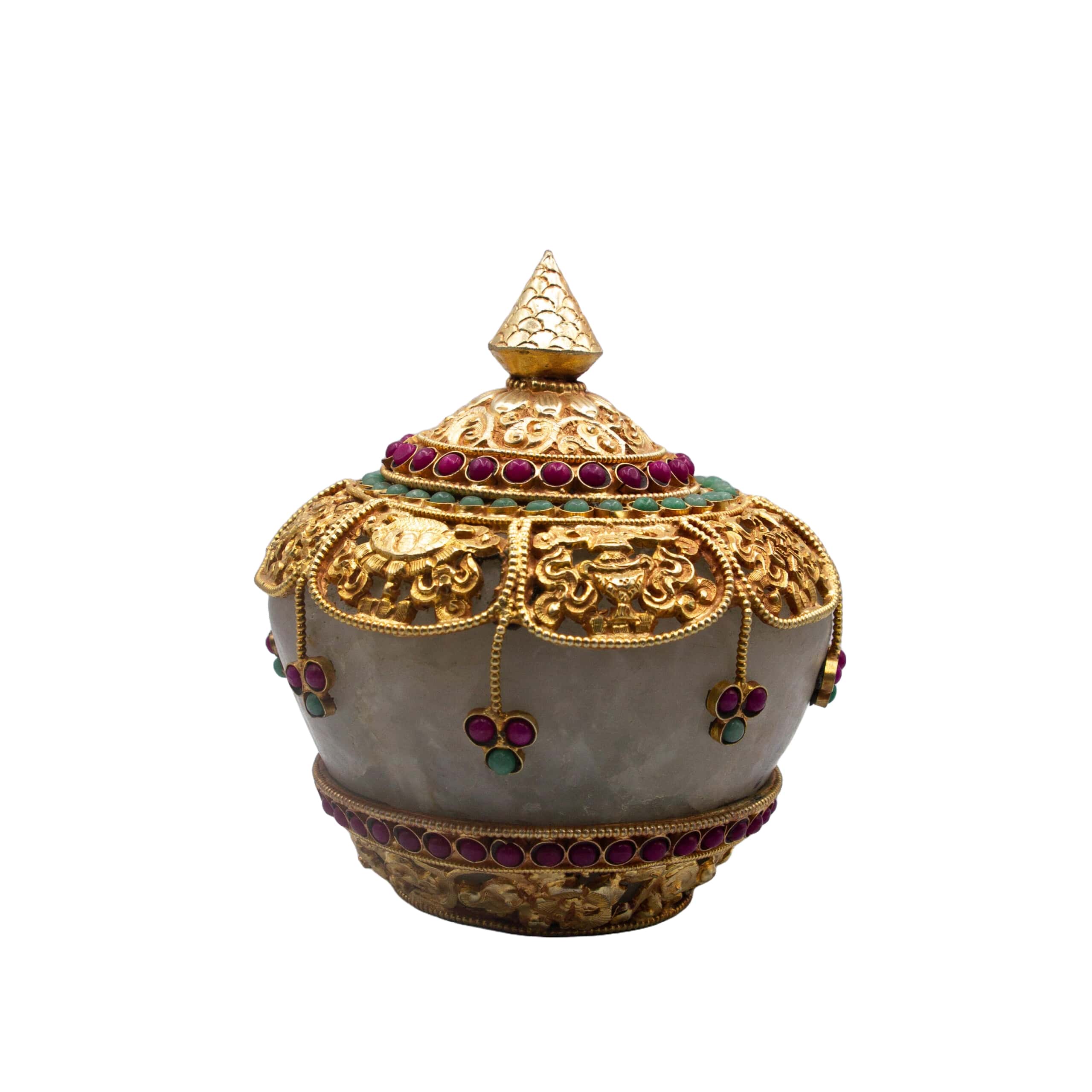 Antique Ornate Jewel-Encrusted Decorator Container Crystal Filgree Bowl with Lid Home Decoration Gold Plated and Silver Plated Inlay with Crystal quartz, Rubies and Emeralds Gemstones Handcrafted in Nepal (large piece)