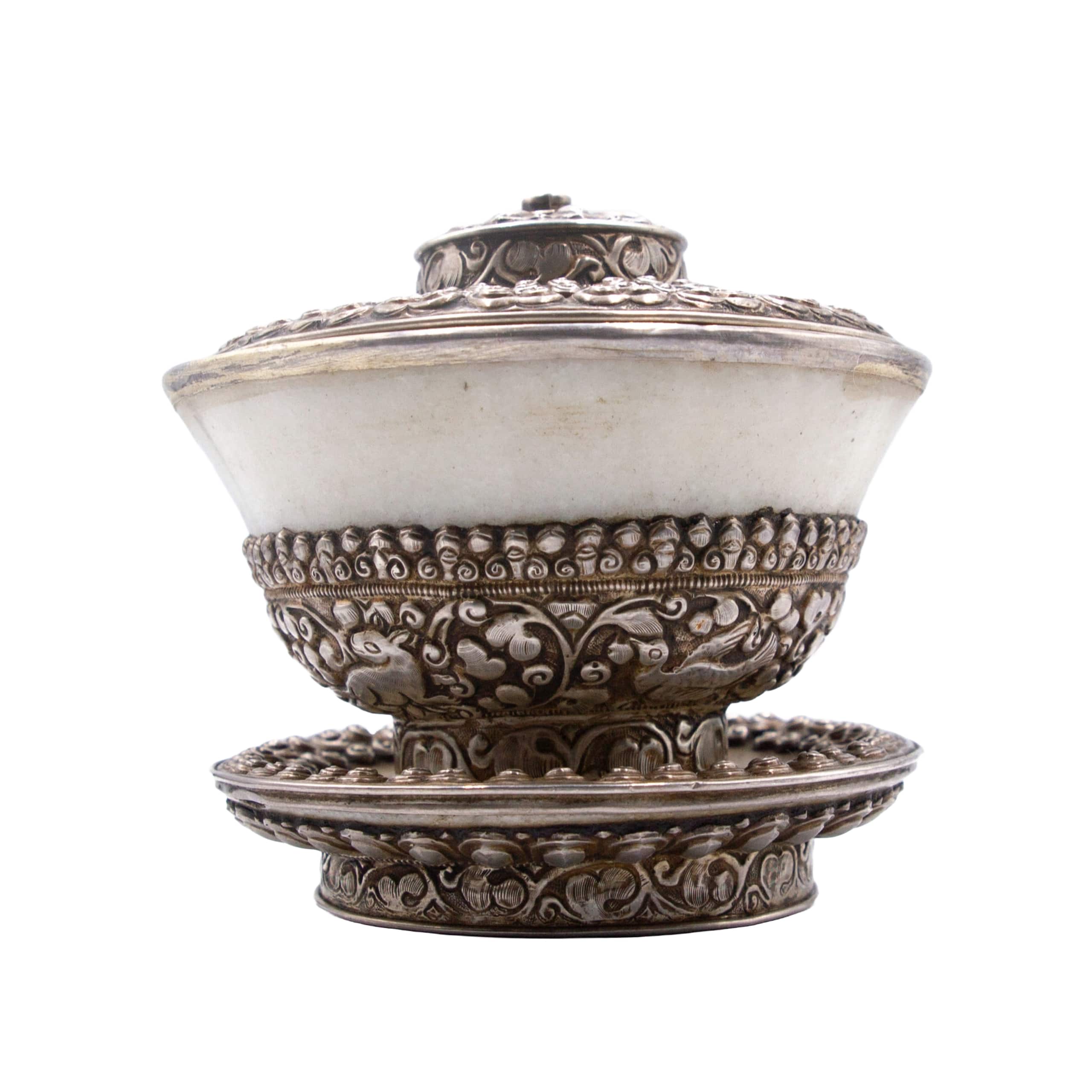 Antique Silver Cup with lid and Plate Set with Emerald Gemstone Ornamental Decorative