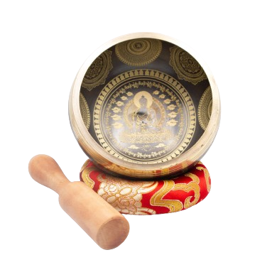 Authentic Himalayan Buddha Singing Bowl Single Set Golden Design Handcrafted in Nepal (367 grams) Includes Traditional Wooden Striker and Silk Cushion – Ideal for Healing, Mindfulness, Meditation, and Yoga