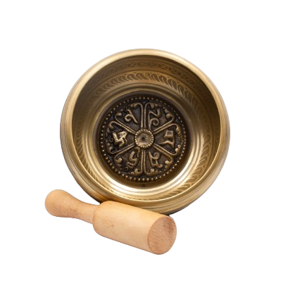 Authentic Himalayan Golden Dharmachakra Singing Bowl Single Set Handcrafted in Nepal (545 grams) Includes Traditional Wooden Striker – Ideal for Healing, Mindfulness, Meditation, and Yoga