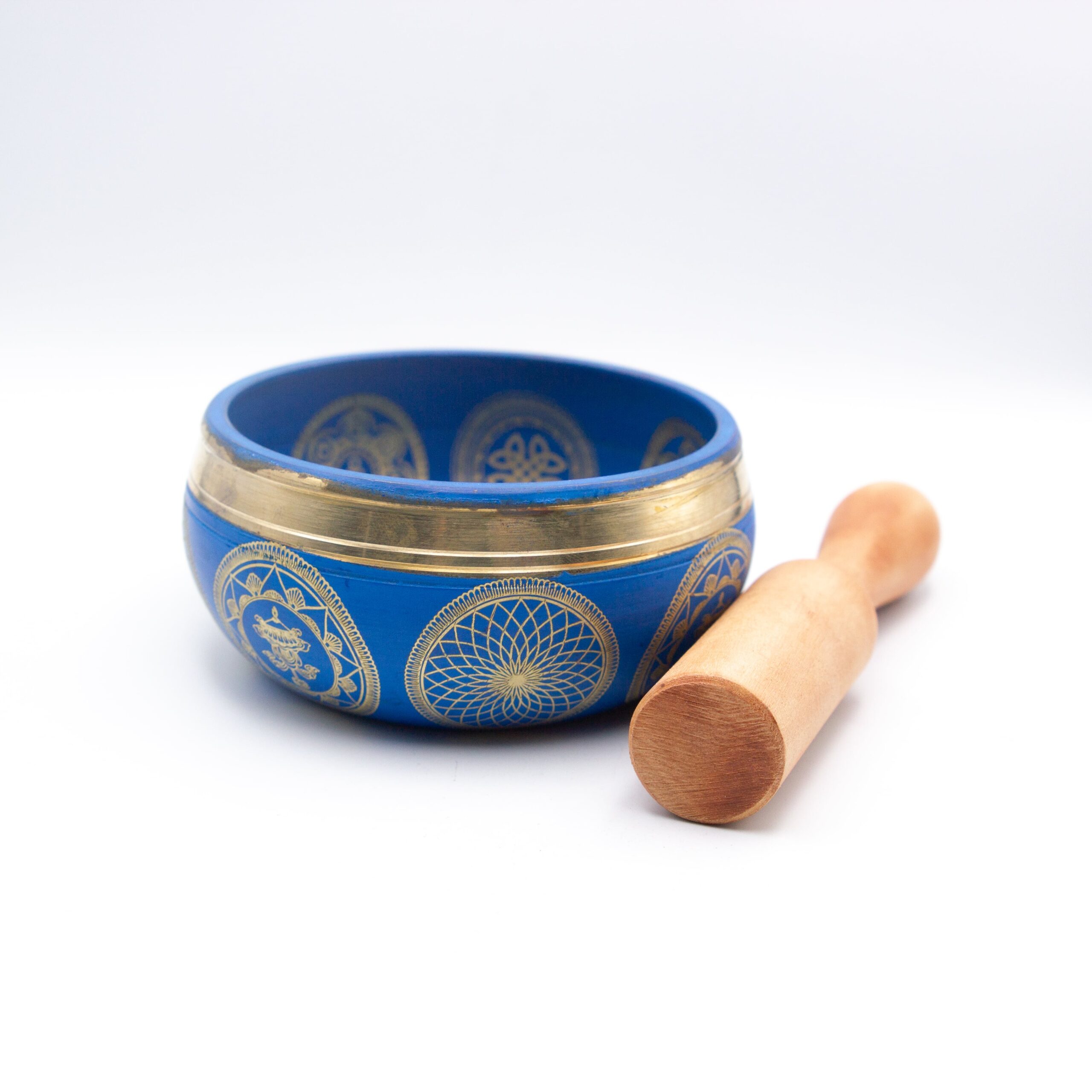 Authentic Himalayan Five Buddha Singing Bowl Single Set Handcrafted in Nepal Vibrant Blue and Golden Design (350 grams) Includes Traditional Wooden Striker – Ideal for Healing, Mindfulness, Meditation, and Yoga - Image 2