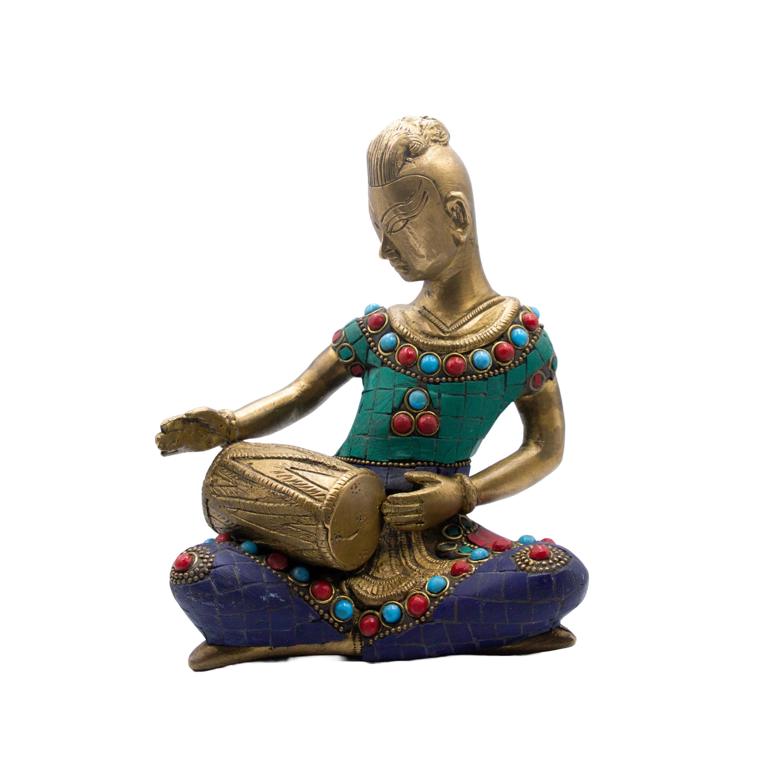 Exquisite Musician Lady with Drum Idol Handcrafted Brass Statue Sculpture adorned with Turquoise Gemstones – Musical Instrument Showpiece (Multicolor) – Handmade in Nepal