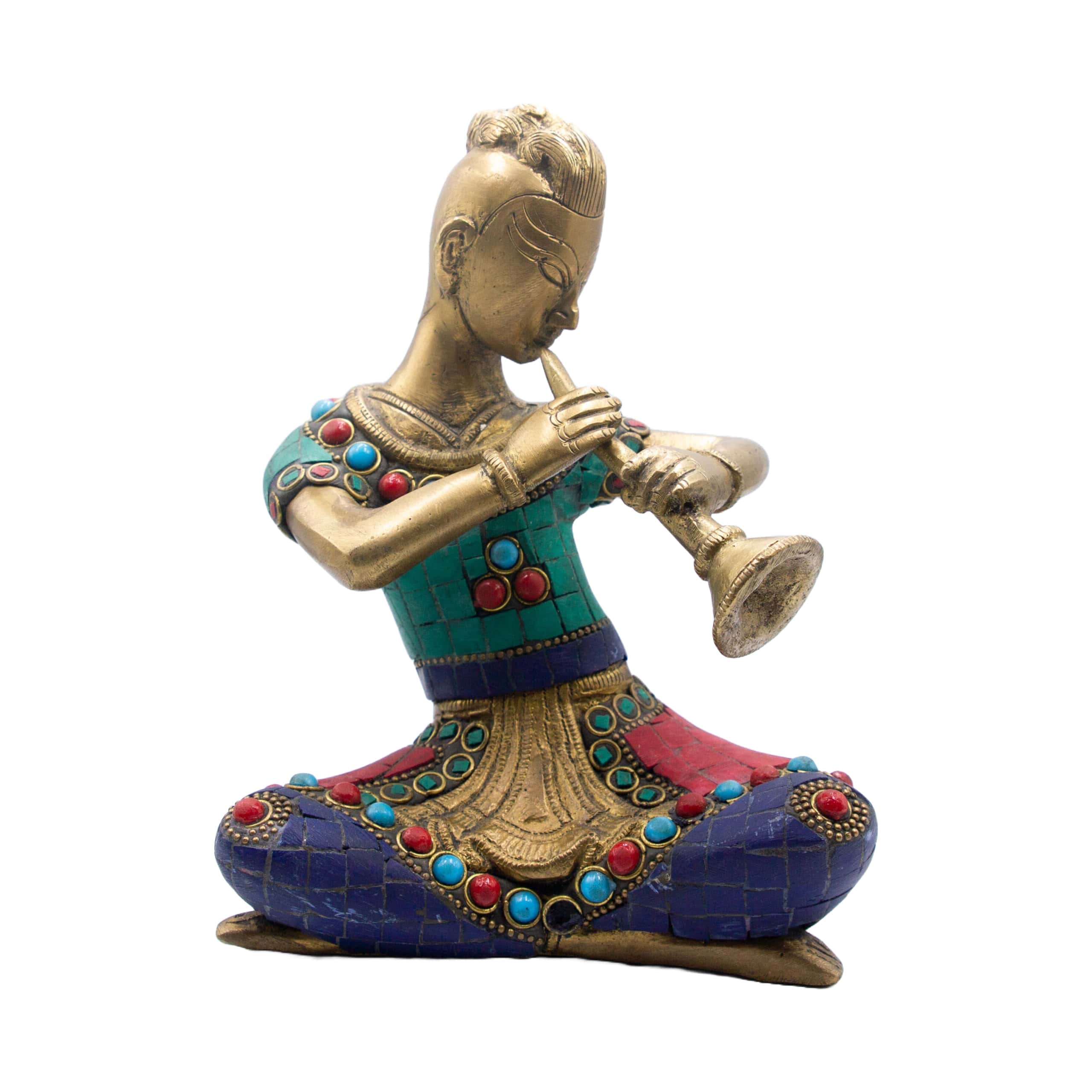 Exquisite Musician Lady with Shehnai Idol Handcrafted Brass Statue Sculpture adorned with Turquoise Gemstones – Musical Instrument Showpiece (Multicolor) – Handmade in Nepal