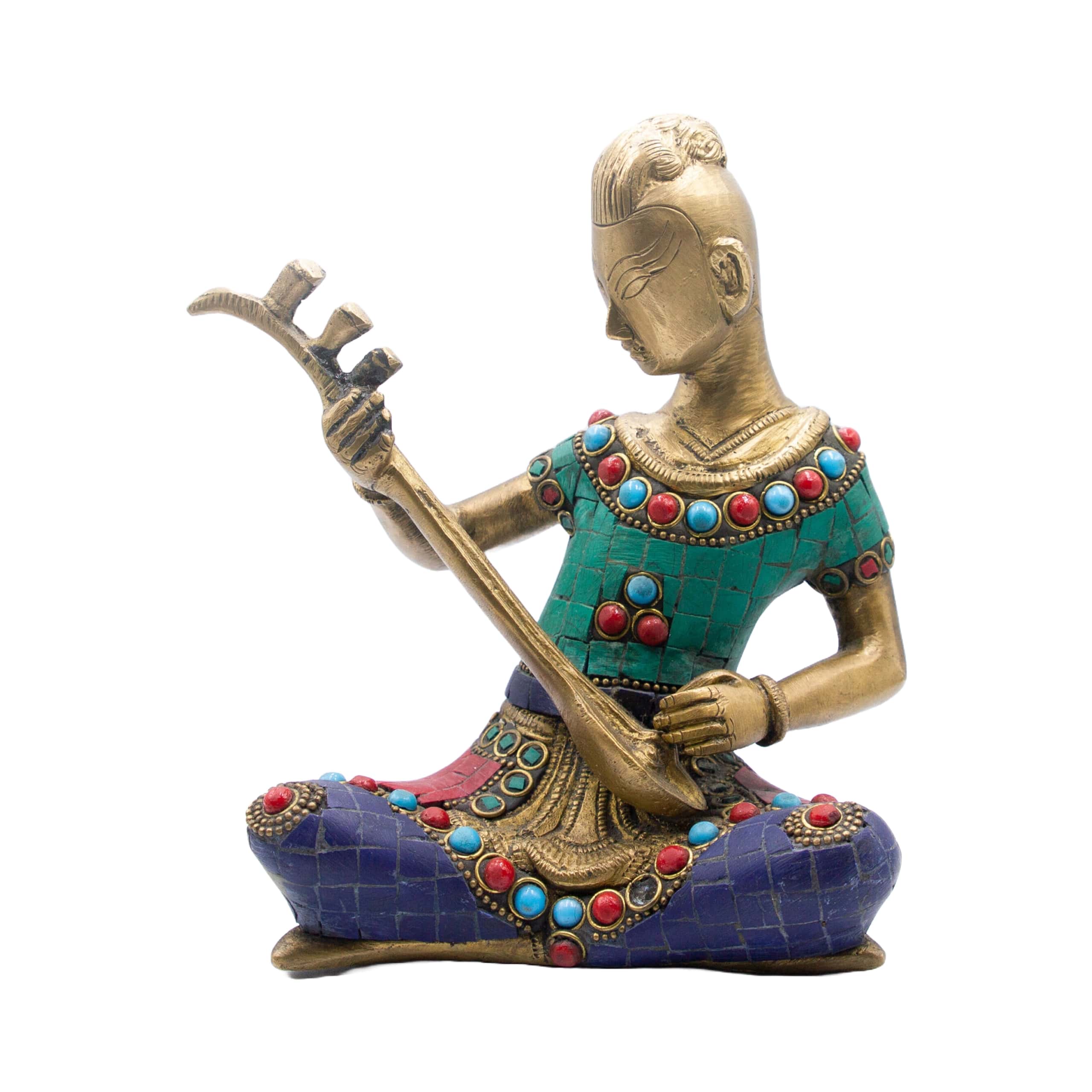 Exquisite Musician Lady with Vina Idol Handcrafted Brass Statue Sculpture adorned with Turquoise Gemstones – Musical Instrument Showpiece (Multicolor) – Handmade in Nepal