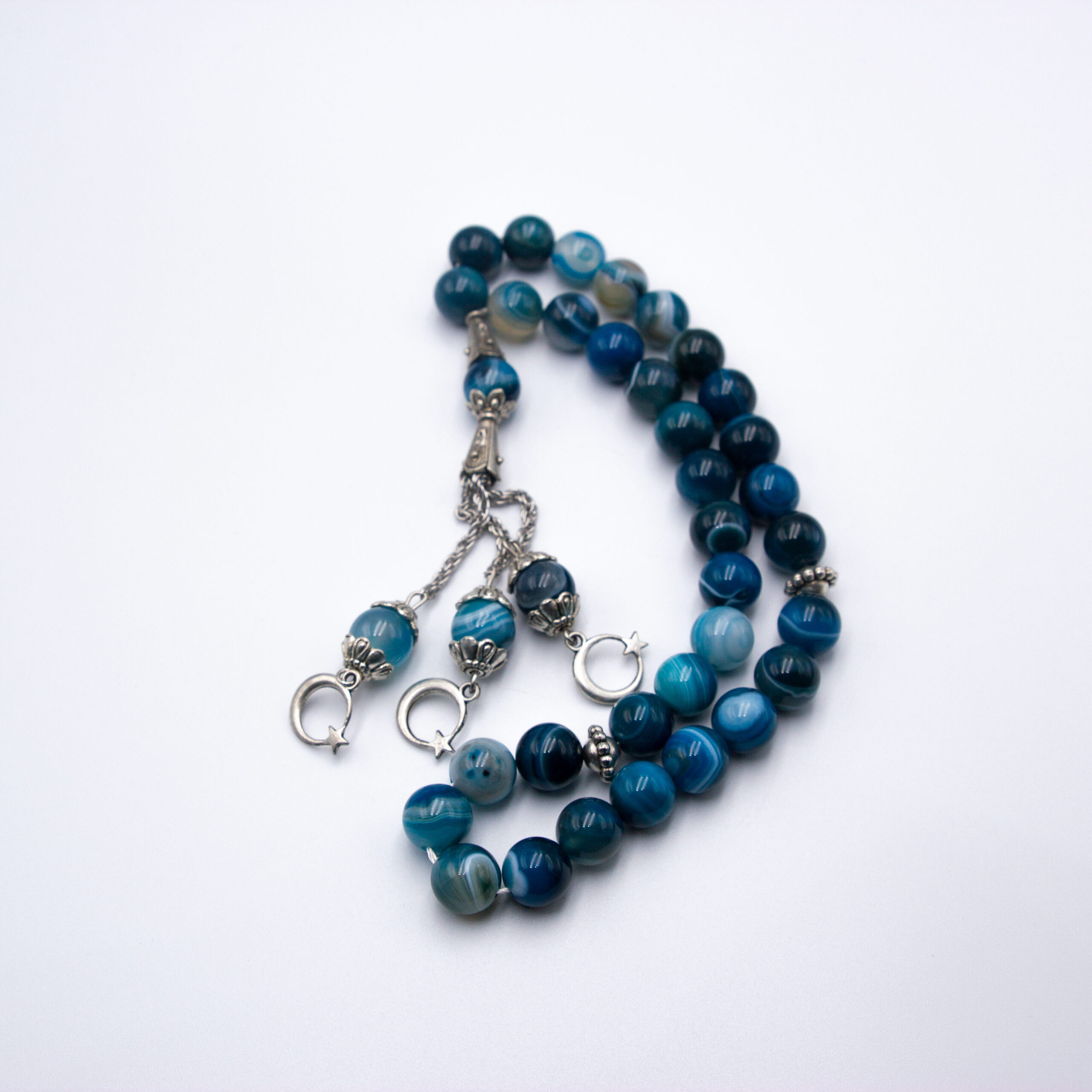 Natural Blue Agate Crystal Tasbih Prayer Beads (10mm – 33 beads)