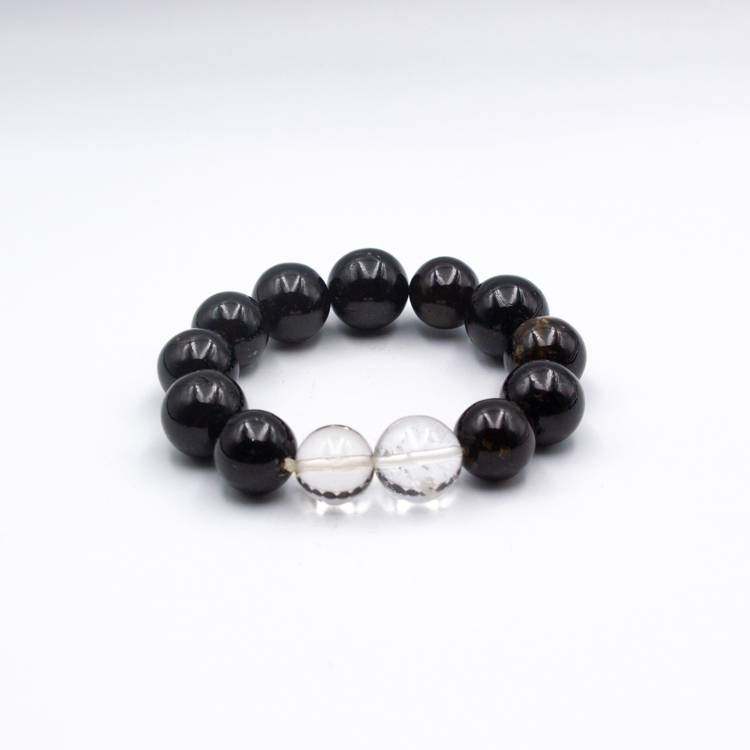 Mount Makalu Natural Black Tourmaline Crystal and Clear Quartz Crystal Bracelet (16mm) from the Himalayas in Nepal