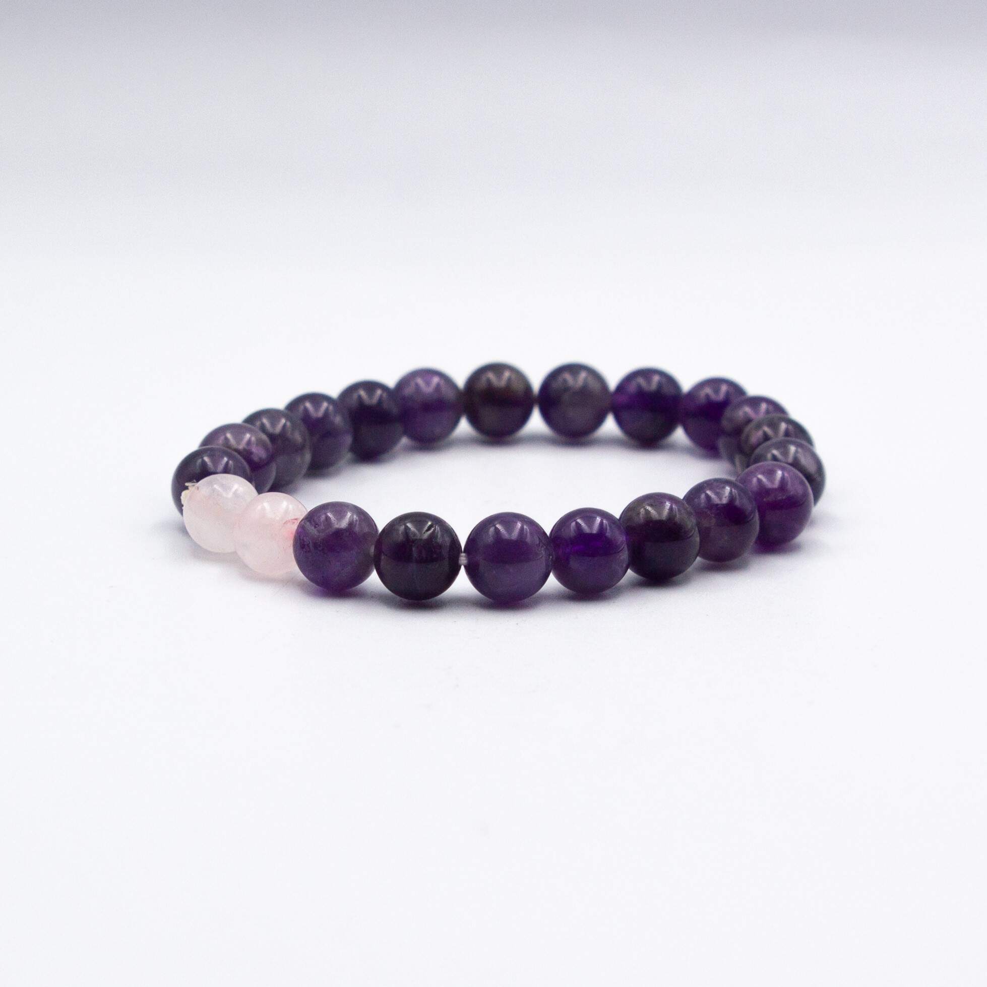 Natural Amethyst and Two Rose Quartz Crystal Bracelet (8mm)